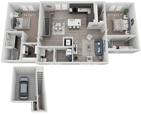 Floor plan for 2 beds, 2.5 baths, 1409 sqft